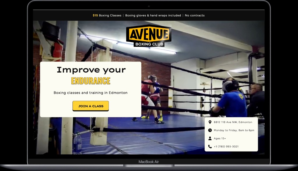 Avenue Boxing Club website displayed on a desktop monitor and laptop